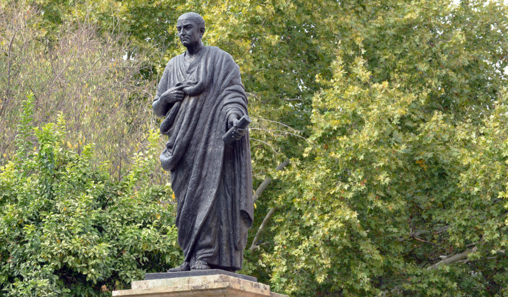 A statue of Lucius Annaeus Seneca, Roman Stoic philosopher and statesman. The statue, by Amadeo Ruiz Olmos, is located in Córdoba, Spain, where Seneca was born.