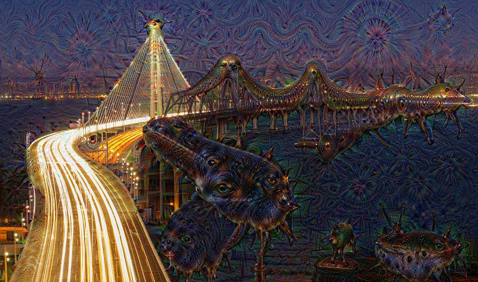 An image produced with DeepDream, a program that simulates hallucinations using a model similar to predictive processing.